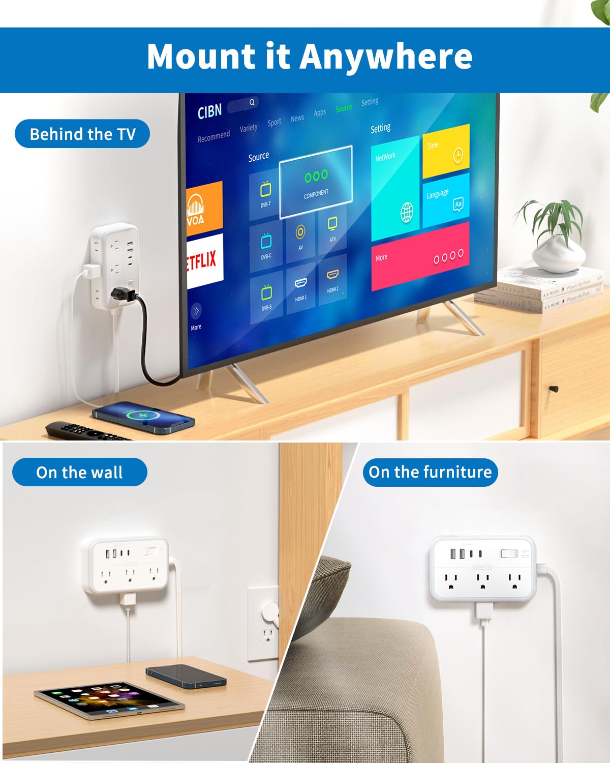 NTONPOWER power strip powering a home office desk with laptop and phone for practical use