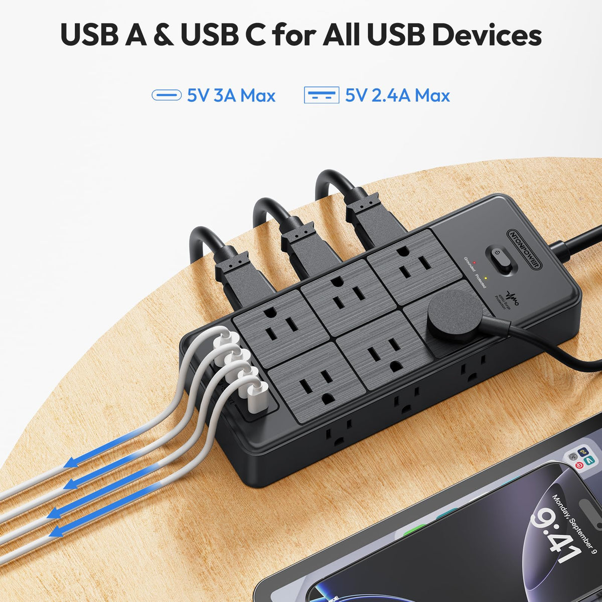 NTONPOWER used on a home office desk powering monitors, laptop, and phone