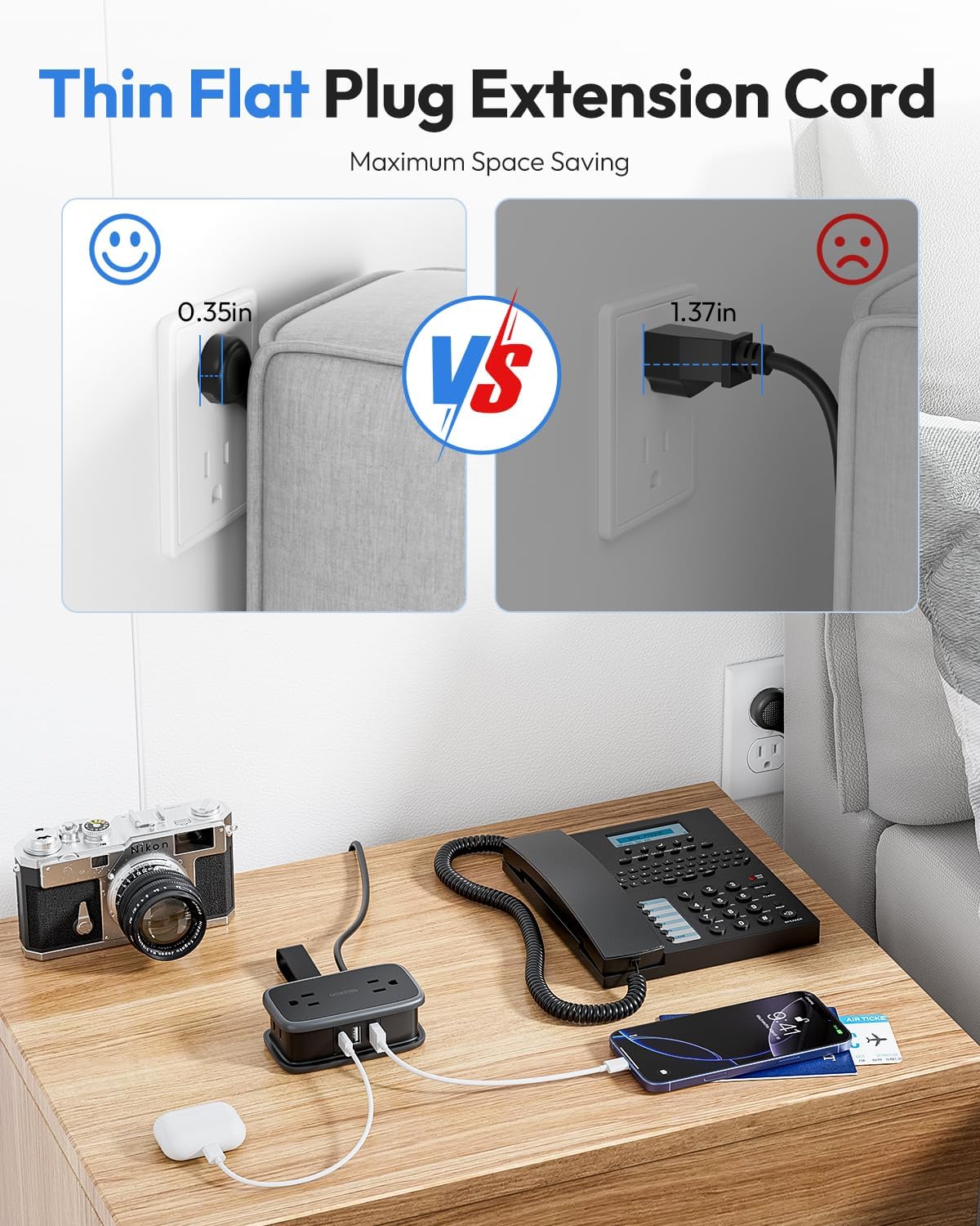 NTONPOWER powering devices on a hotel nightstand providing extra accessible outlets
