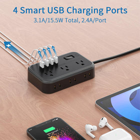 NTONPOWER in-use on desk powering laptop, lamp, and phone for tidy workspace