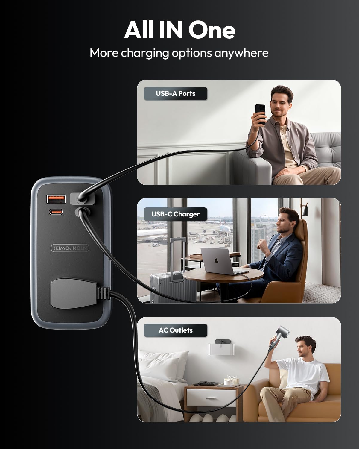 NTONPOWER charging a laptop and phone, supports high-power and USB charging