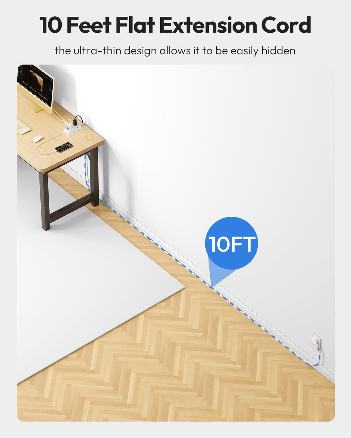 NTONPOWER long extension cord stretch for flexible desk setups.