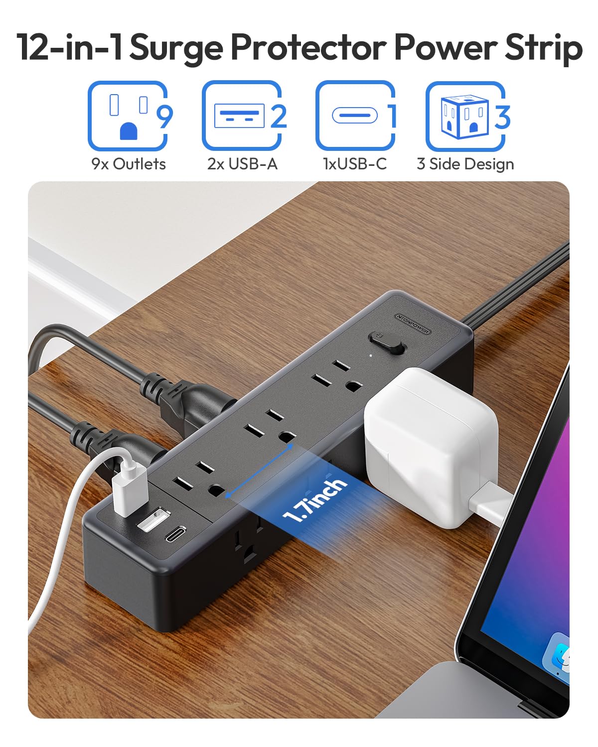 NTONPOWER nine-outlets with USB ports powers multiple devices at once.