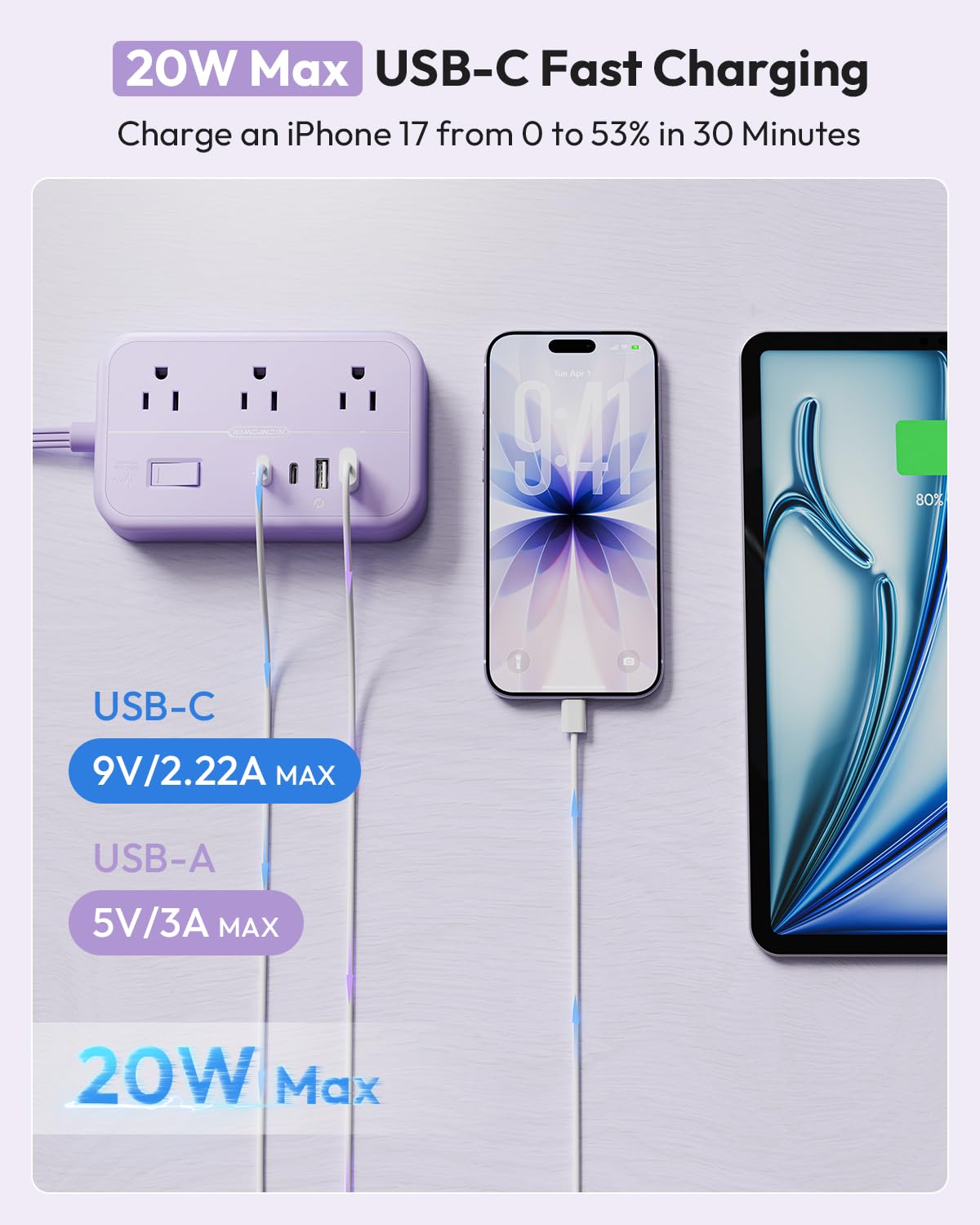 NTONPOWER detail of widely spaced outlets accommodating bulky adapters for convenience