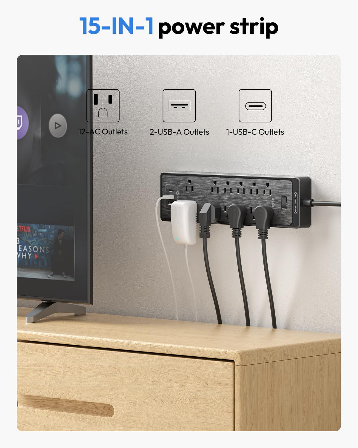 NTONPOWER detailed view of widely spaced outlets and USB ports for large adapters