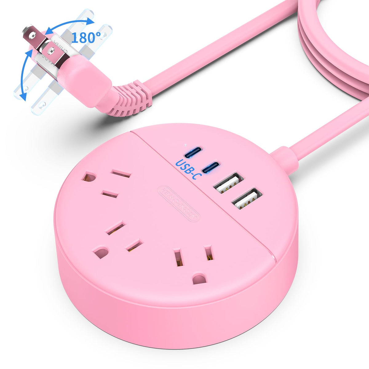 NTONPOWER pink 2-prong power strip with USB-C for compact desk charging.