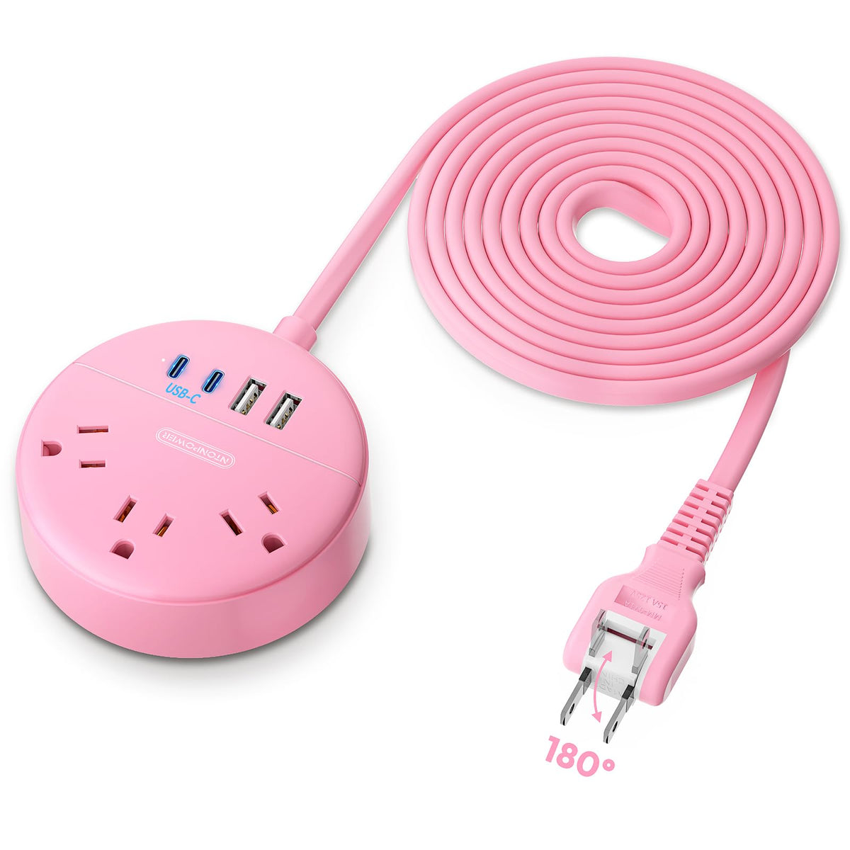 NTONPOWER pink 2-prong power strip, compact desk setup, ideal for small spaces.