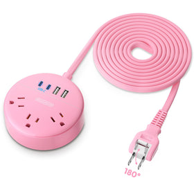 NTONPOWER pink 2-prong power strip, compact desk setup, ideal for small spaces.