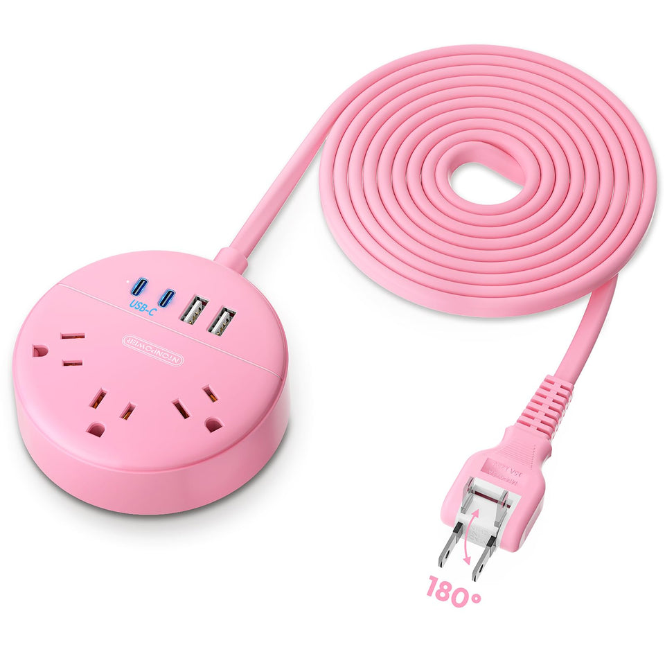 NTONPOWER pink 2-prong power strip, compact desk setup, ideal for small spaces.