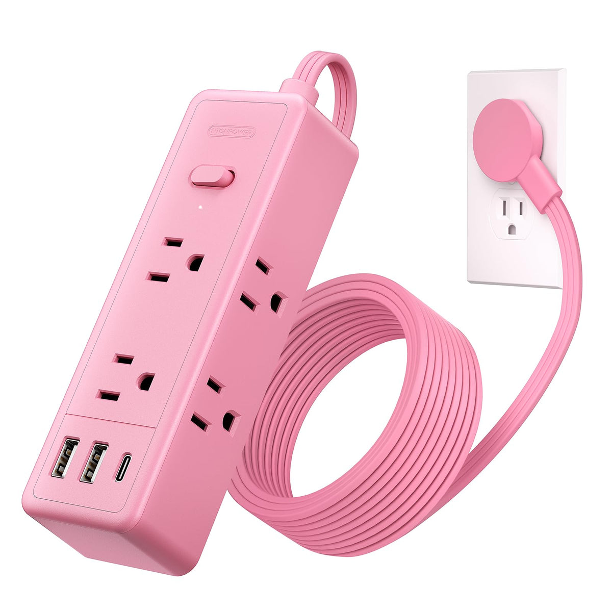 NTONPOWER pink extension cord with 5 ft reach for tidy dorm room charging.
