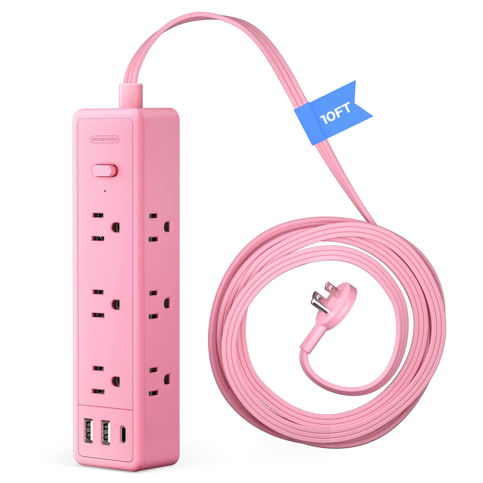 NTONPOWER front view showing nine outlets and pink finish for organized charging