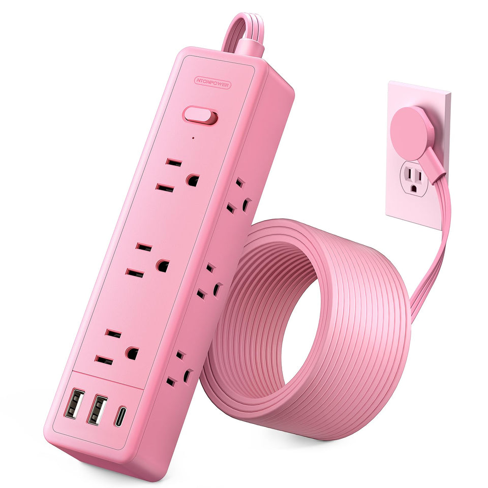 NTONPOWER front view showing nine outlets and pink finish for tidy charging