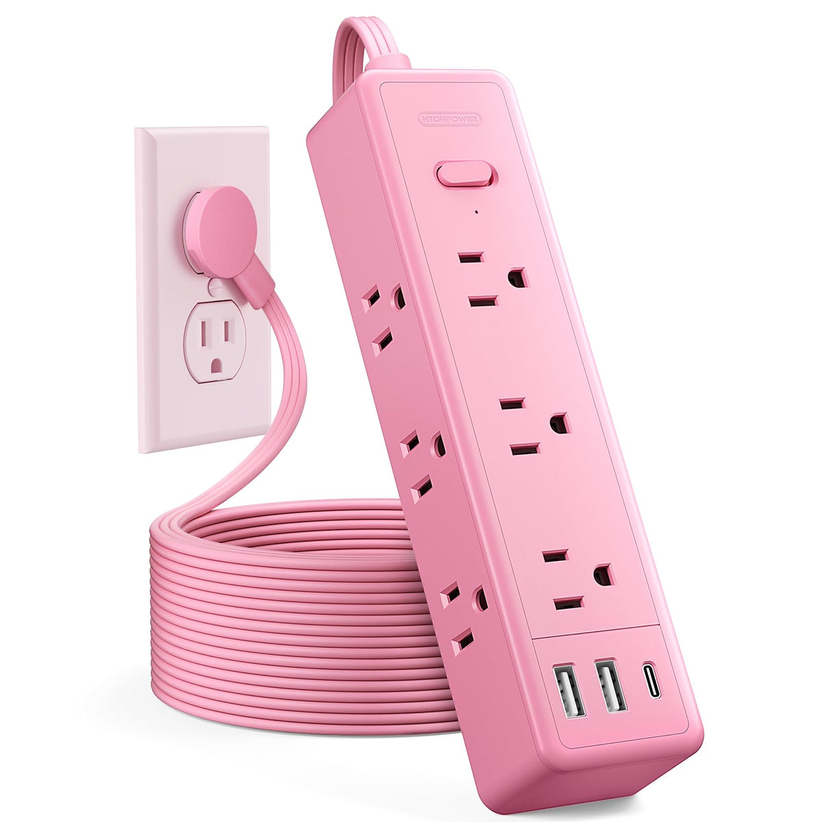 NTONPOWER pink power strip front view showing nine outlets and pink finish for organized charging