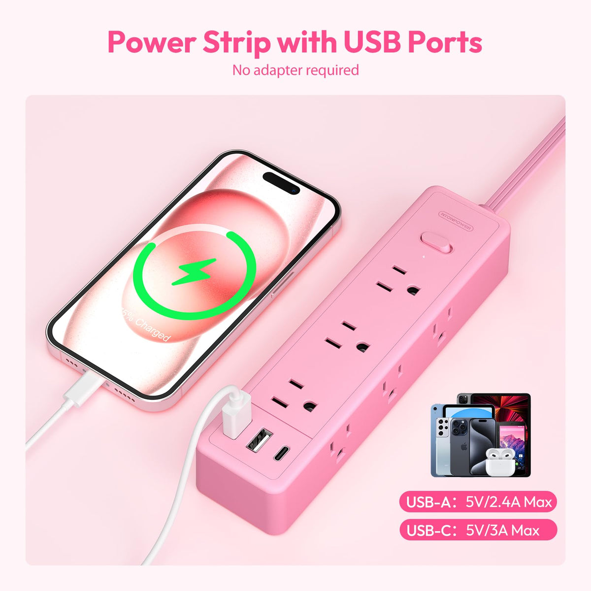 NTONPOWER USB ports detail showing USB-A and USB-C for fast device charging