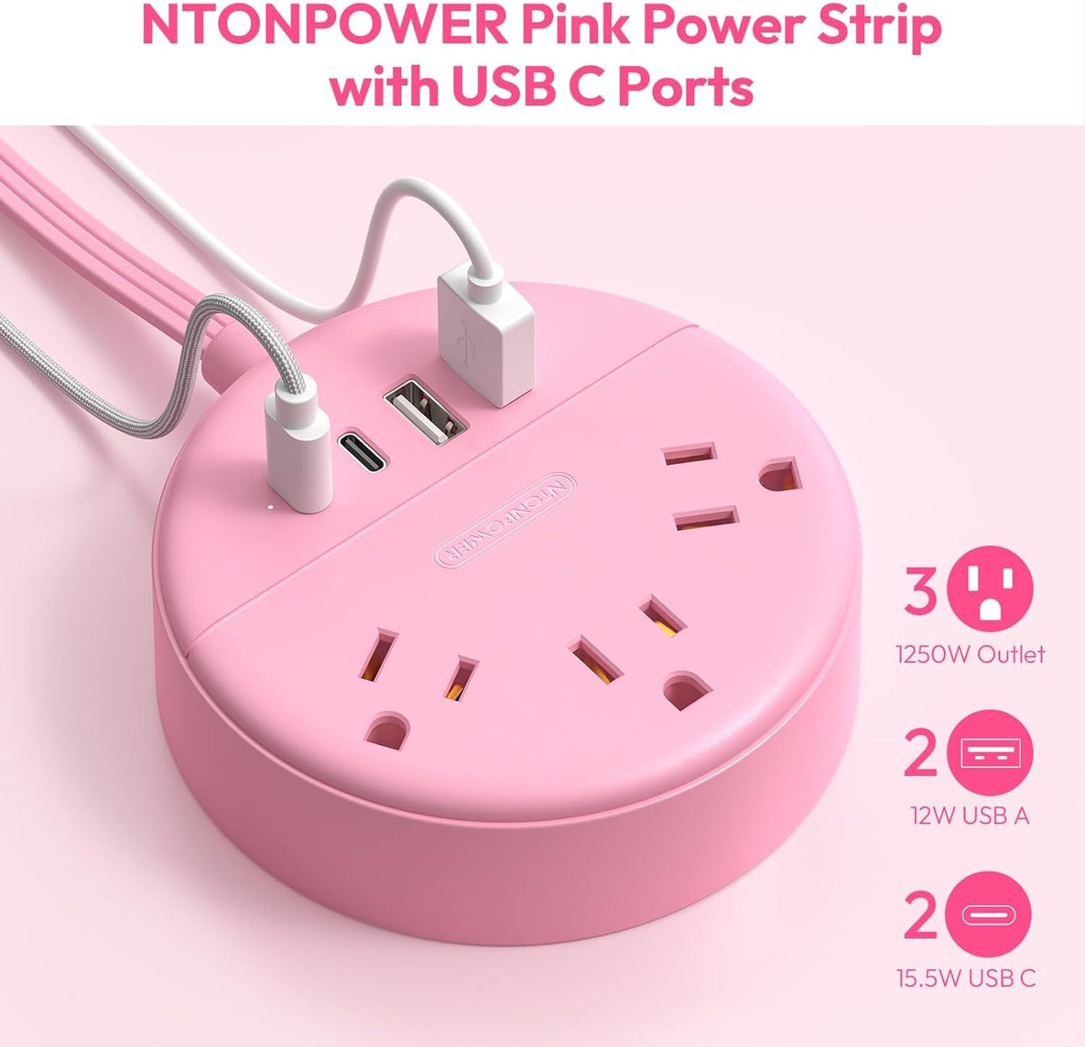 NTONPOWER pink 180° rotatable plug supports versatile placement on desks or nightstands.