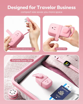 NTONPOWER pink compact travel power strip shows 4 outlets and 3 USB ports