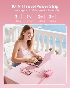 NTONPOWER pink travel strip featuring 6 outlets for multiple devices
