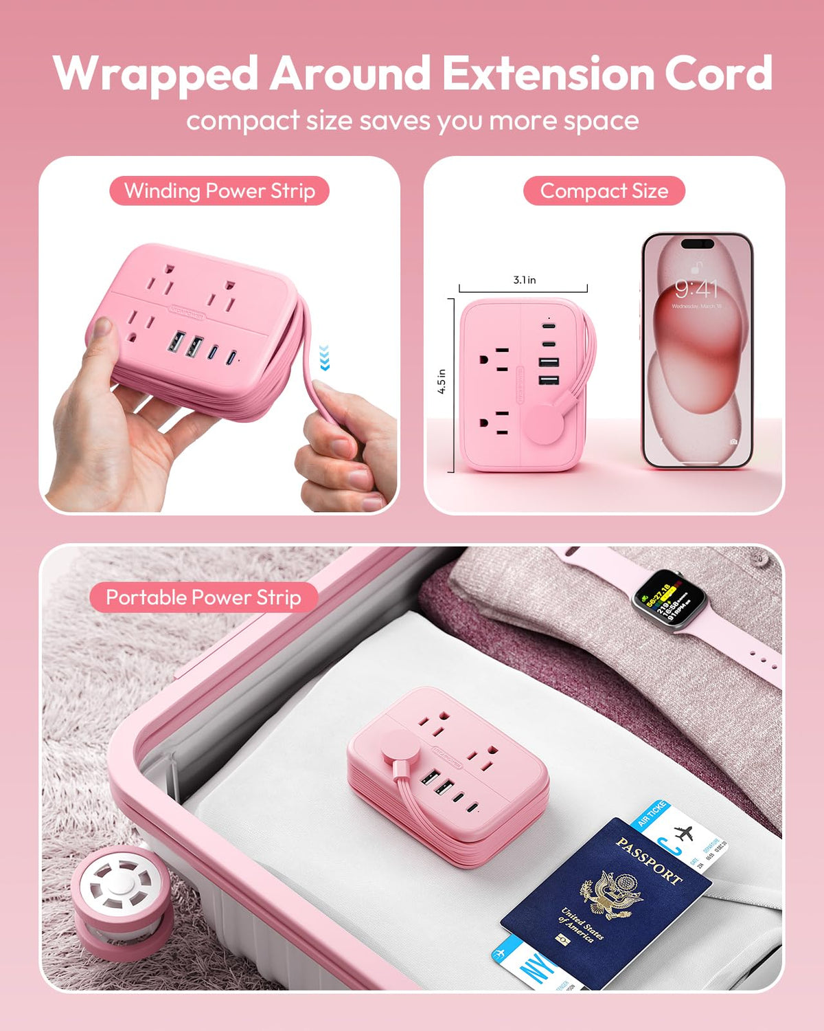 NTONPOWER pink power strip with USB-C ports for fast device charging