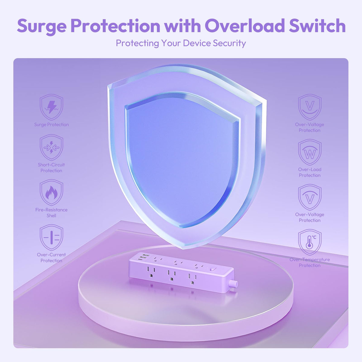 NTONPOWER purple power strip 9 outlets plus USB-A and USB-C for versatile charging.