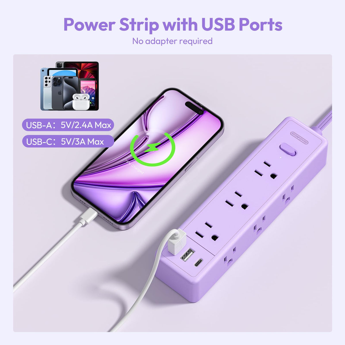 NTONPOWER purple power strip flat plug fits tight spaces behind nightstands.