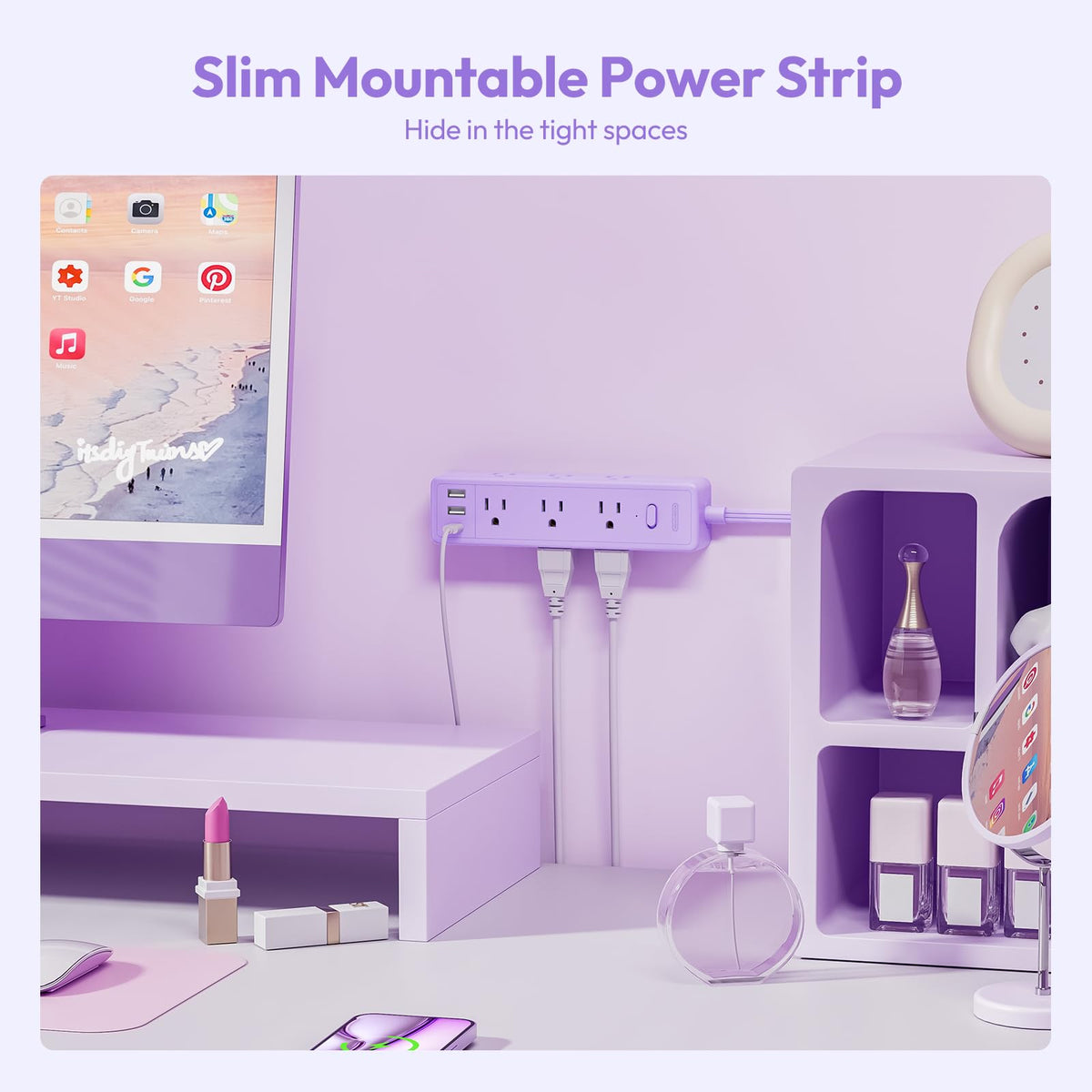 NTONPOWER Purple power strip includes 1080J surge protection for electronics safety.