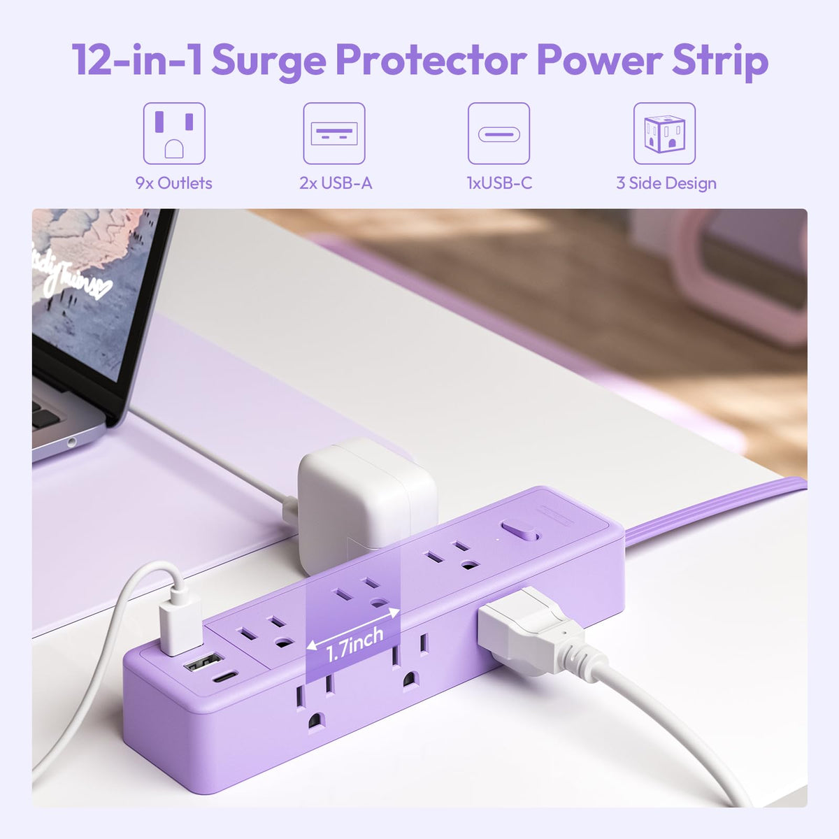 NTONPOWER Purple power strip with USB-C port provides fast charging and desk organization.