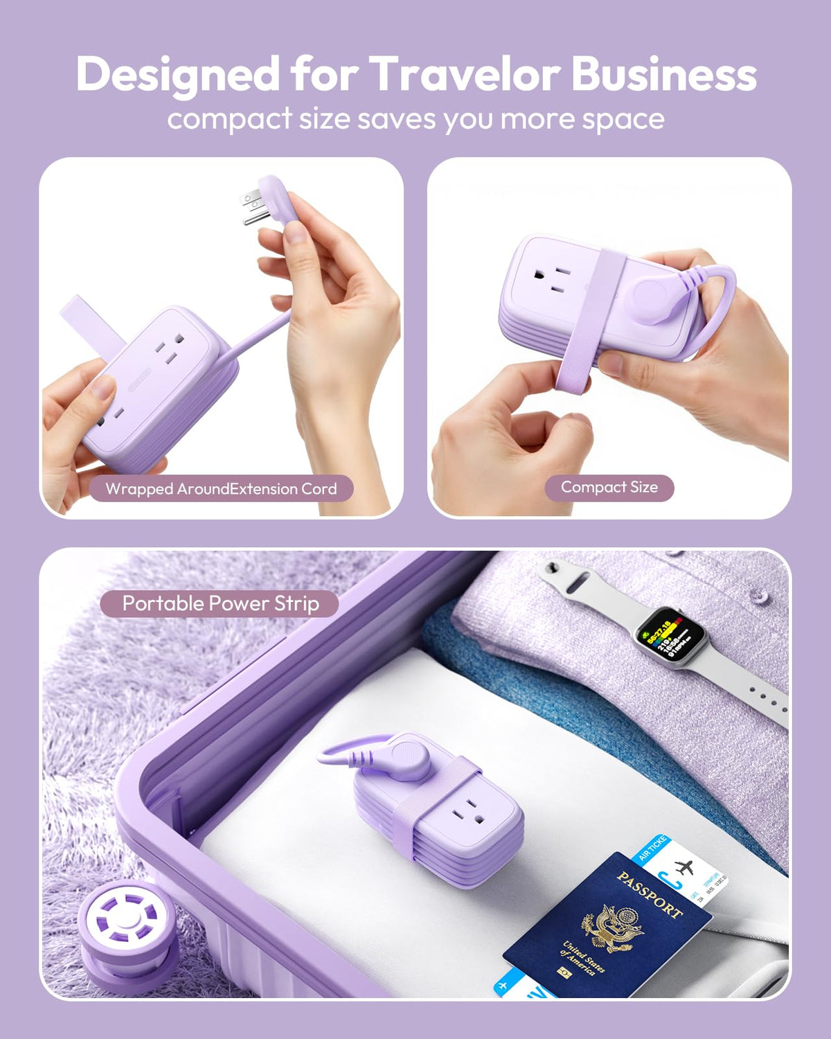 NTONPOWER purple travel power strip displaying four outlets for multiple devices