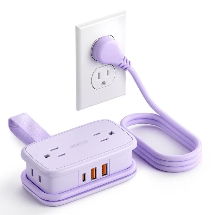 NTONPOWER purple travel power strip with four outlets for hotel room versatility.