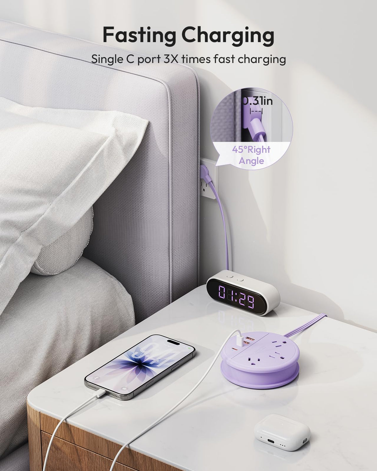 NTONPOWER Purple Travel Power Strip with 4ft flat extension cord for easy reach