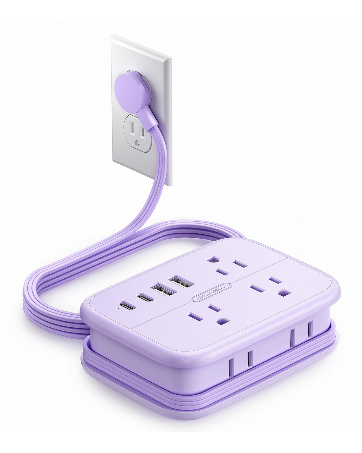 NTONPOWER purple travel power strip with six outlets and four USB ports.