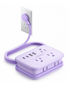 NTONPOWER purple travel power strip with six outlets and four USB ports.