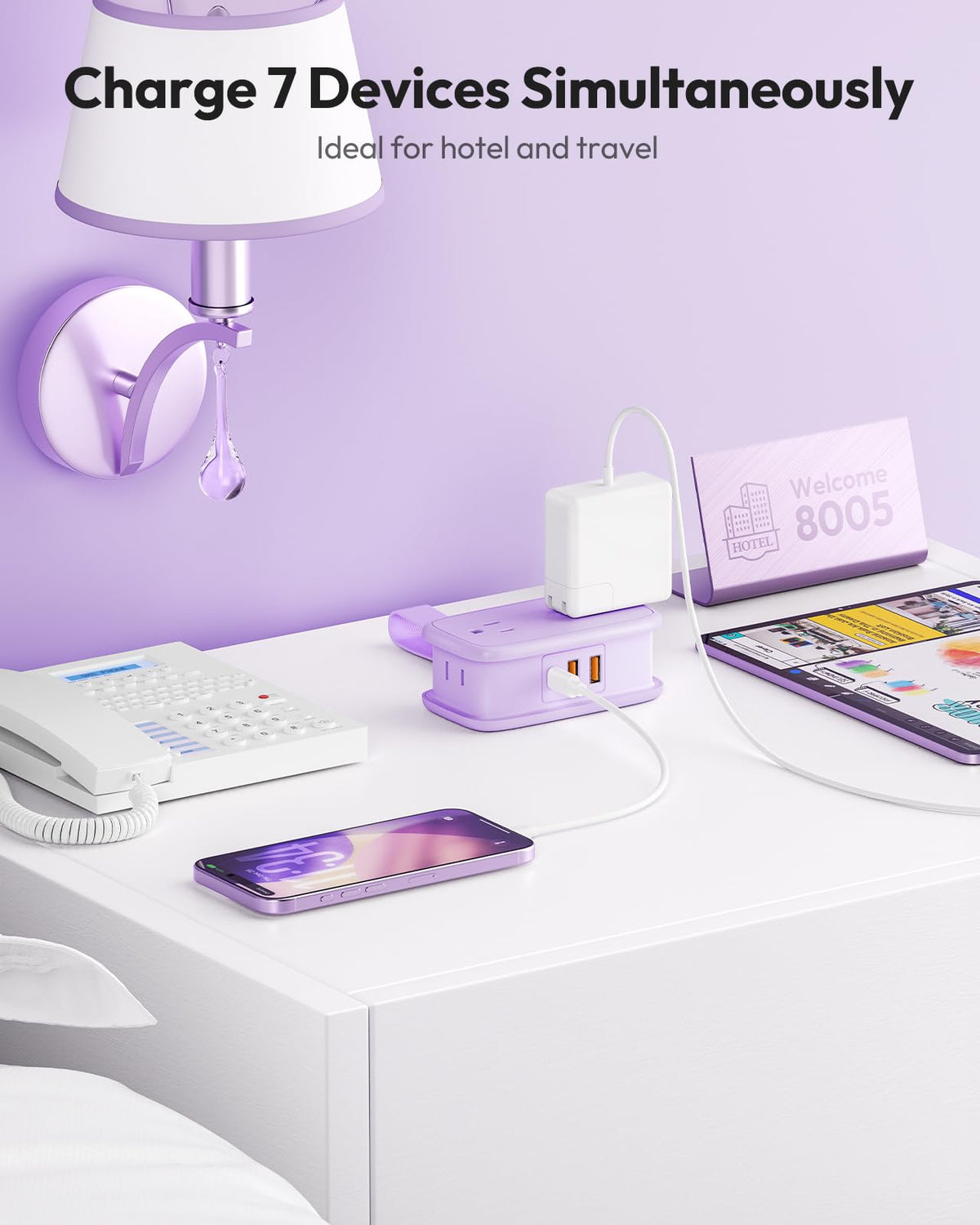 NTONPOWER purple travel power strip suited for cruises where surge protection isn't allowed.