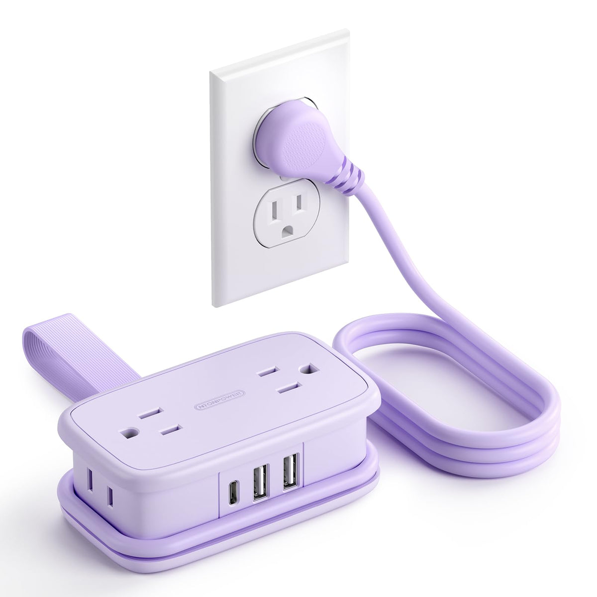 NTONPOWER purple travel power strip showing flat plug for furniture clearance