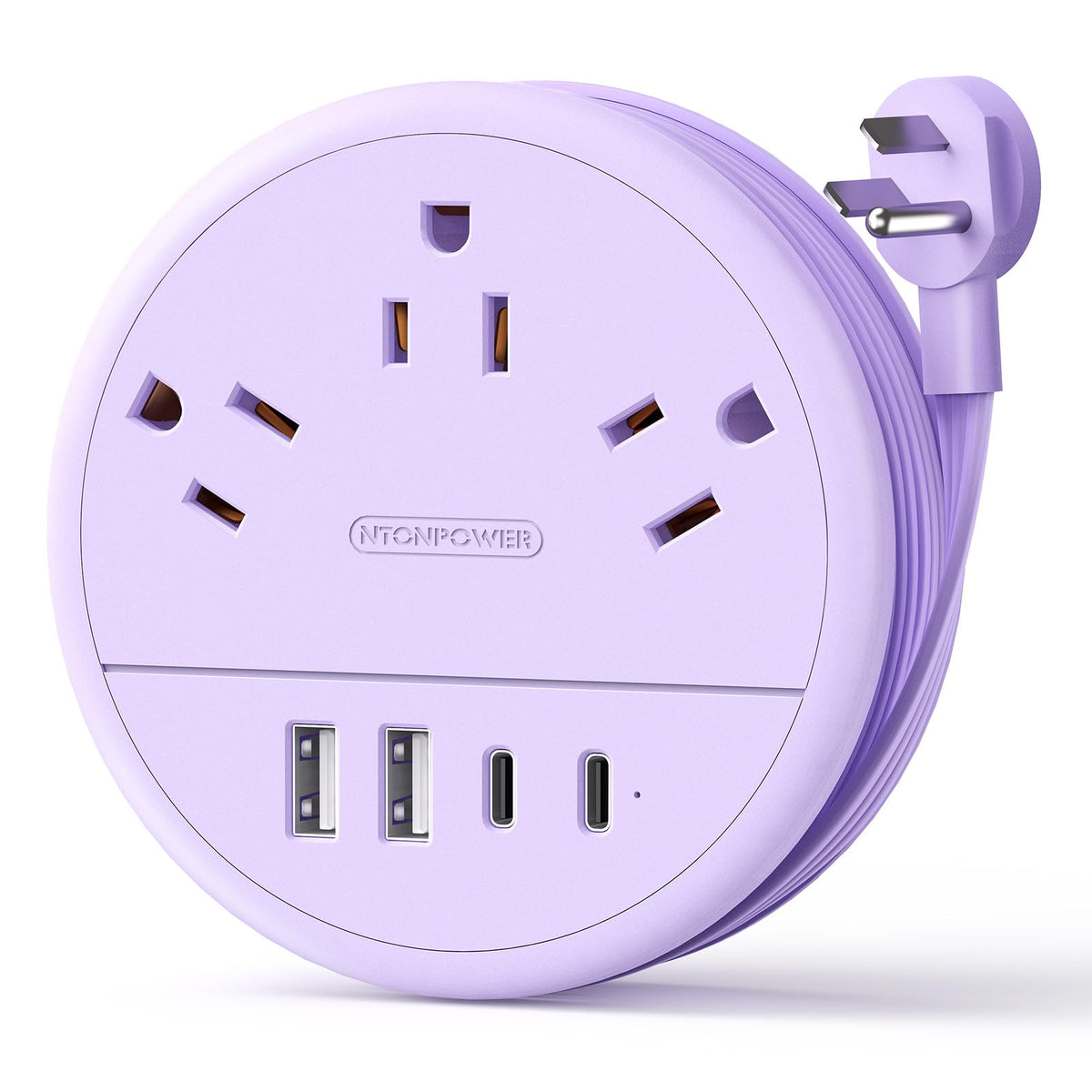 NTONPOWER purple travel power strip top view showing 3 outlets and USB ports