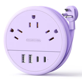 NTONPOWER purple travel power strip top view showing 3 outlets and USB ports