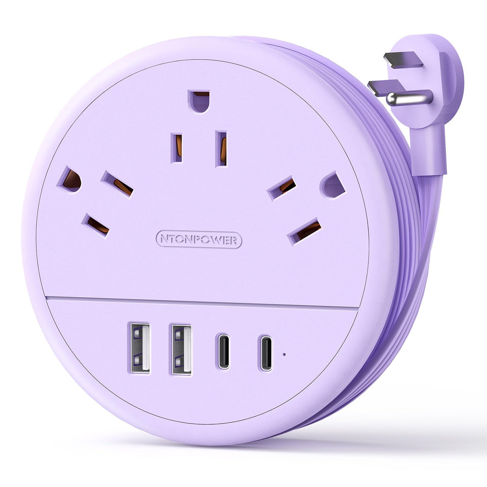 NTONPOWER purple travel power strip top view showing 3 outlets and USB ports