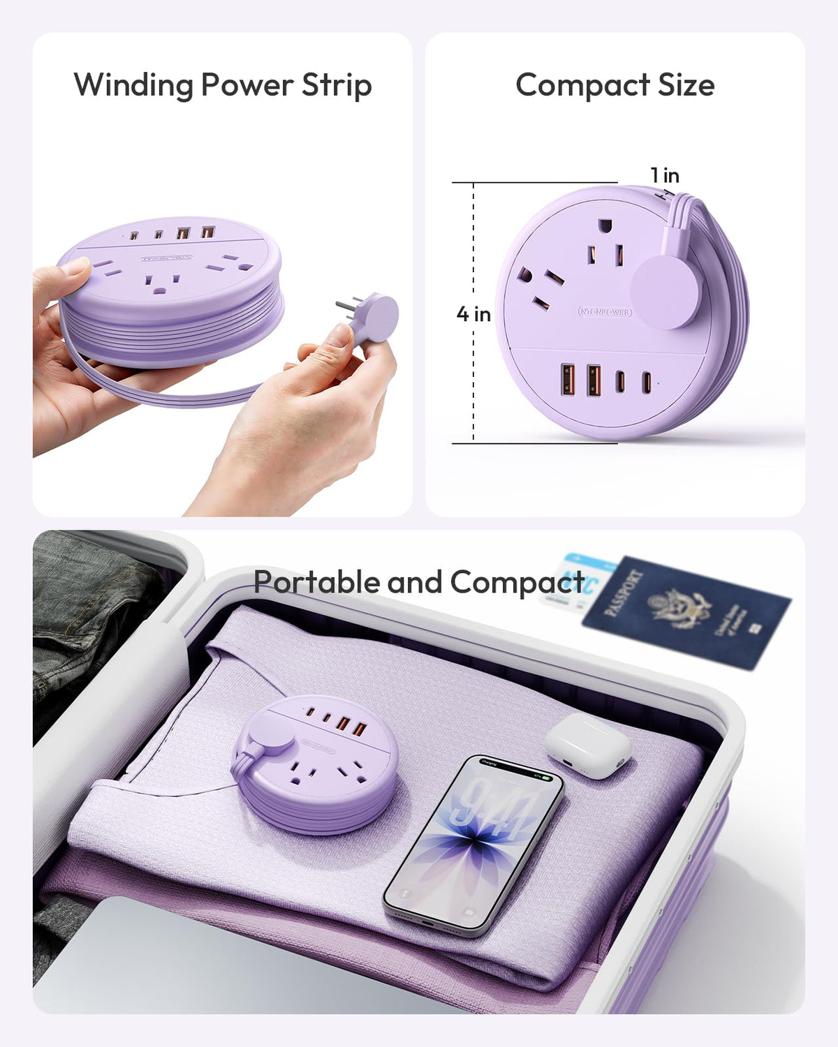 NTONPOWER Purple Travel Power Strip USB-C ports for fast charging on the go