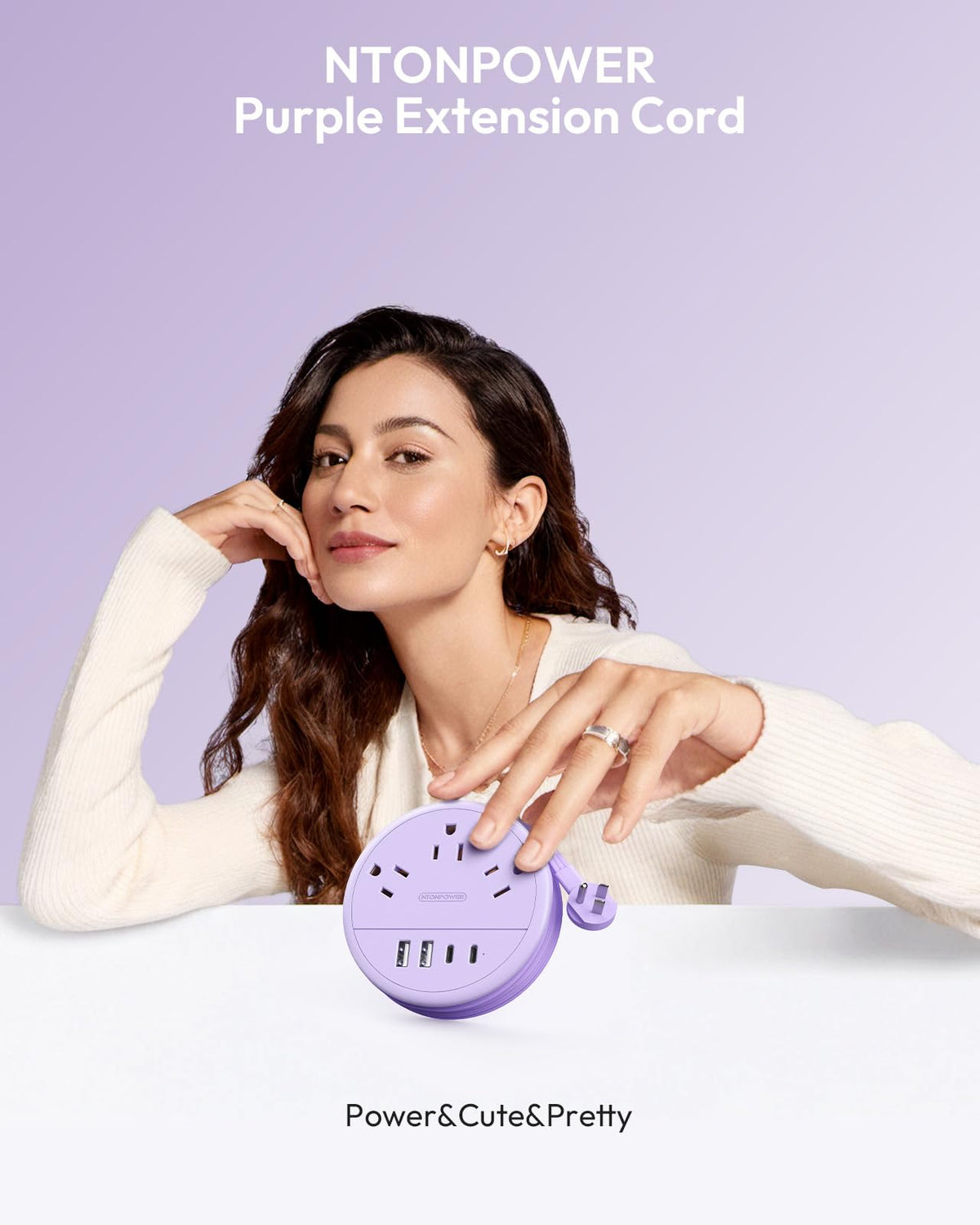 NTONPOWER purple power strip with USB-C charging ports for desk setup