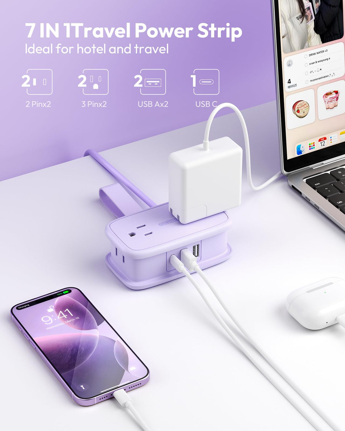NTONPOWER purple travel power strip with USB ports for on-the-go charging