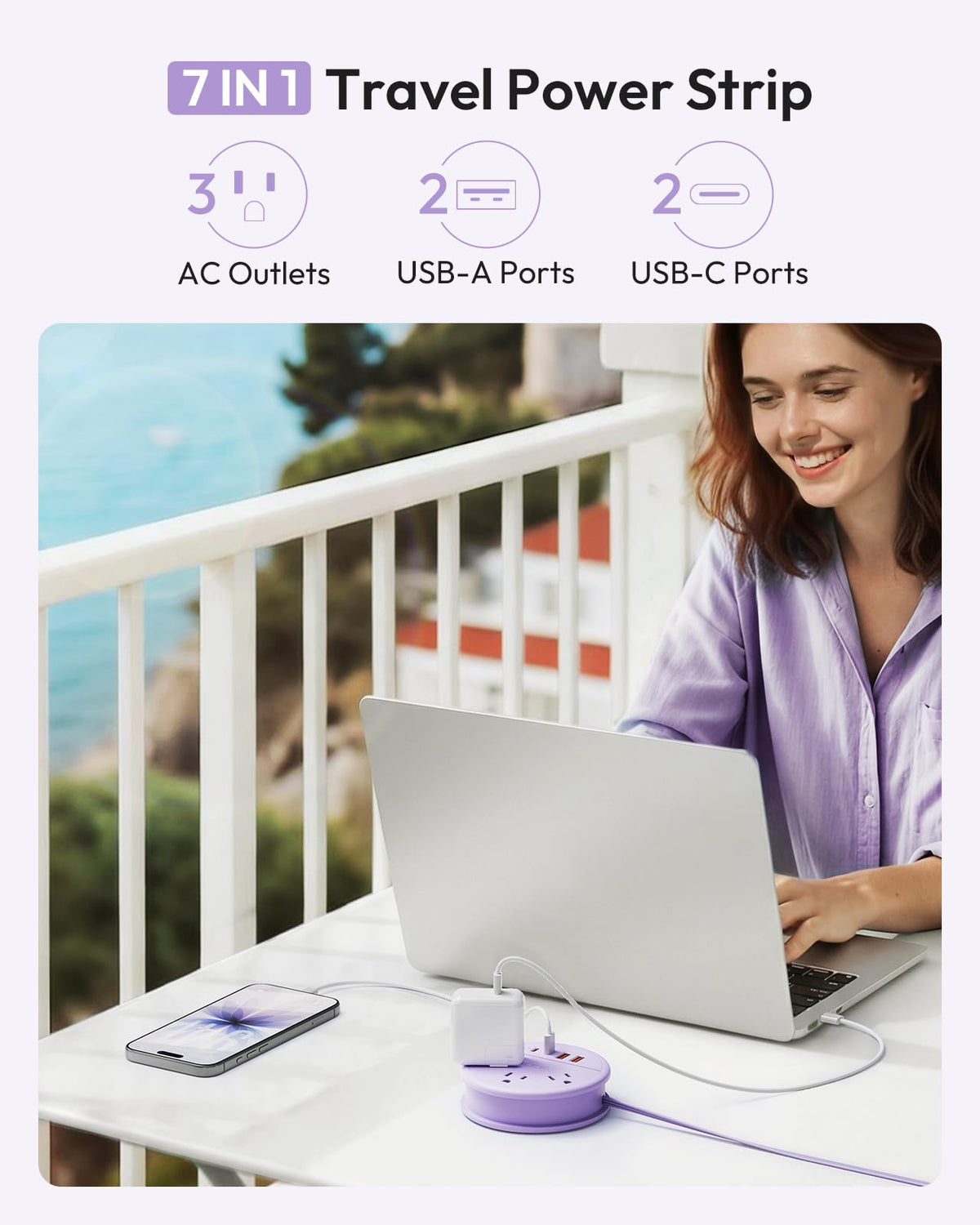 NTONPOWER Purple Travel Power Strip wrap-around cord keeps cables neat in bags