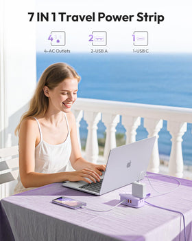 NTONPOWER purple travel power strip wrap-around cord keeps cables organized.
