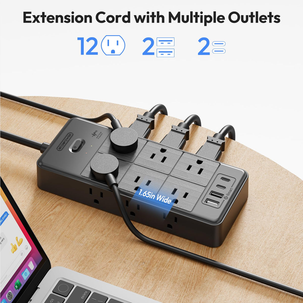 NTONPOWER three‑sided outlet layout allowing large adapters without blocking