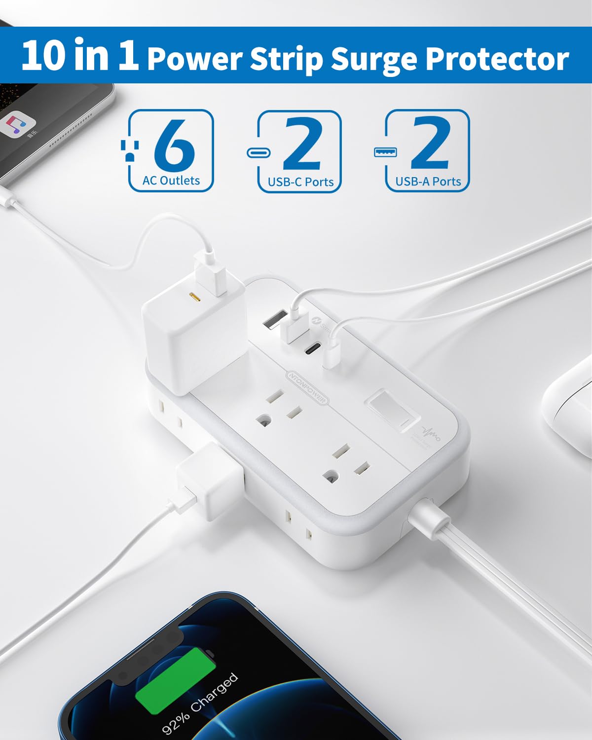 NTONPOWER side view showing widely spaced outlets accommodating bulky adapters for convenience