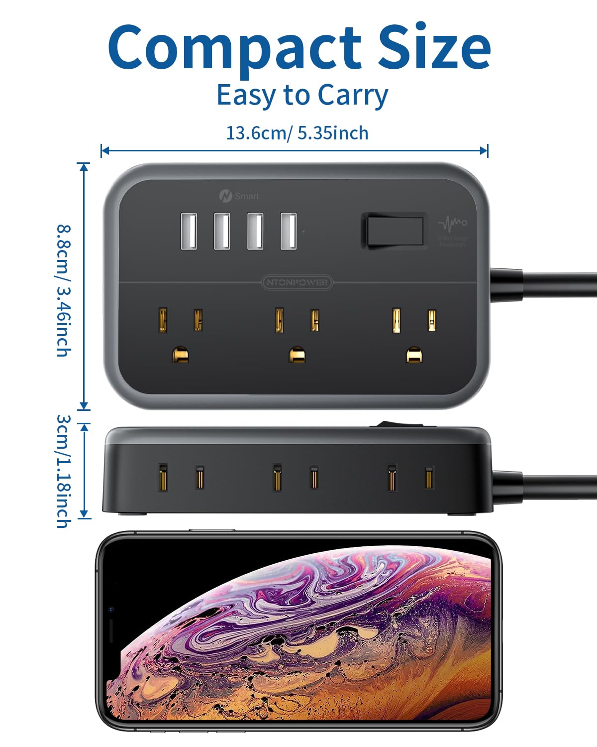 NTONPOWER side view showing dual-sided outlet layout that fits bulky adapters