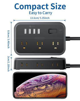 NTONPOWER side view showing dual-sided outlet layout that fits bulky adapters