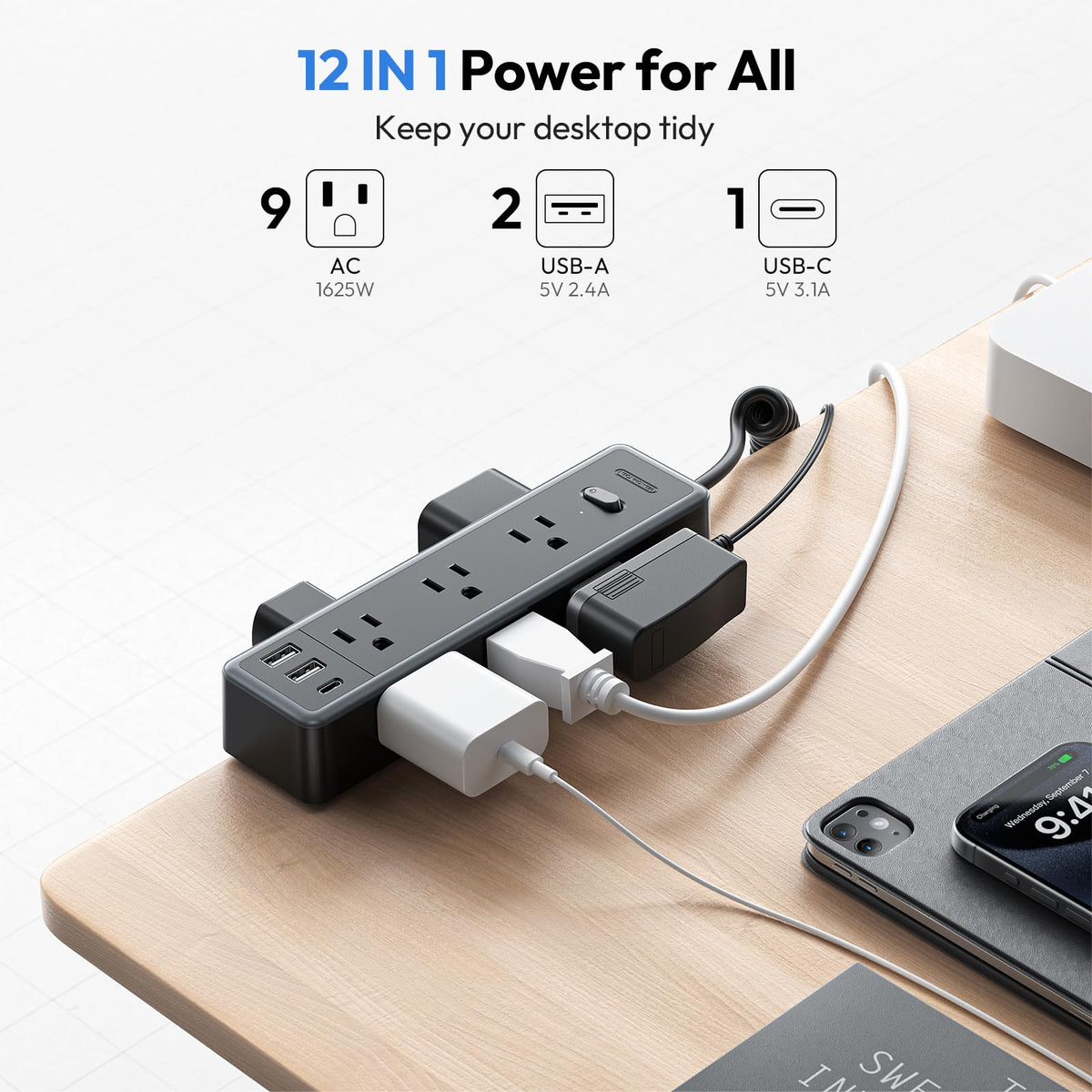 NTONPOWER side view showing nine AC outlets and wide adapter spacing