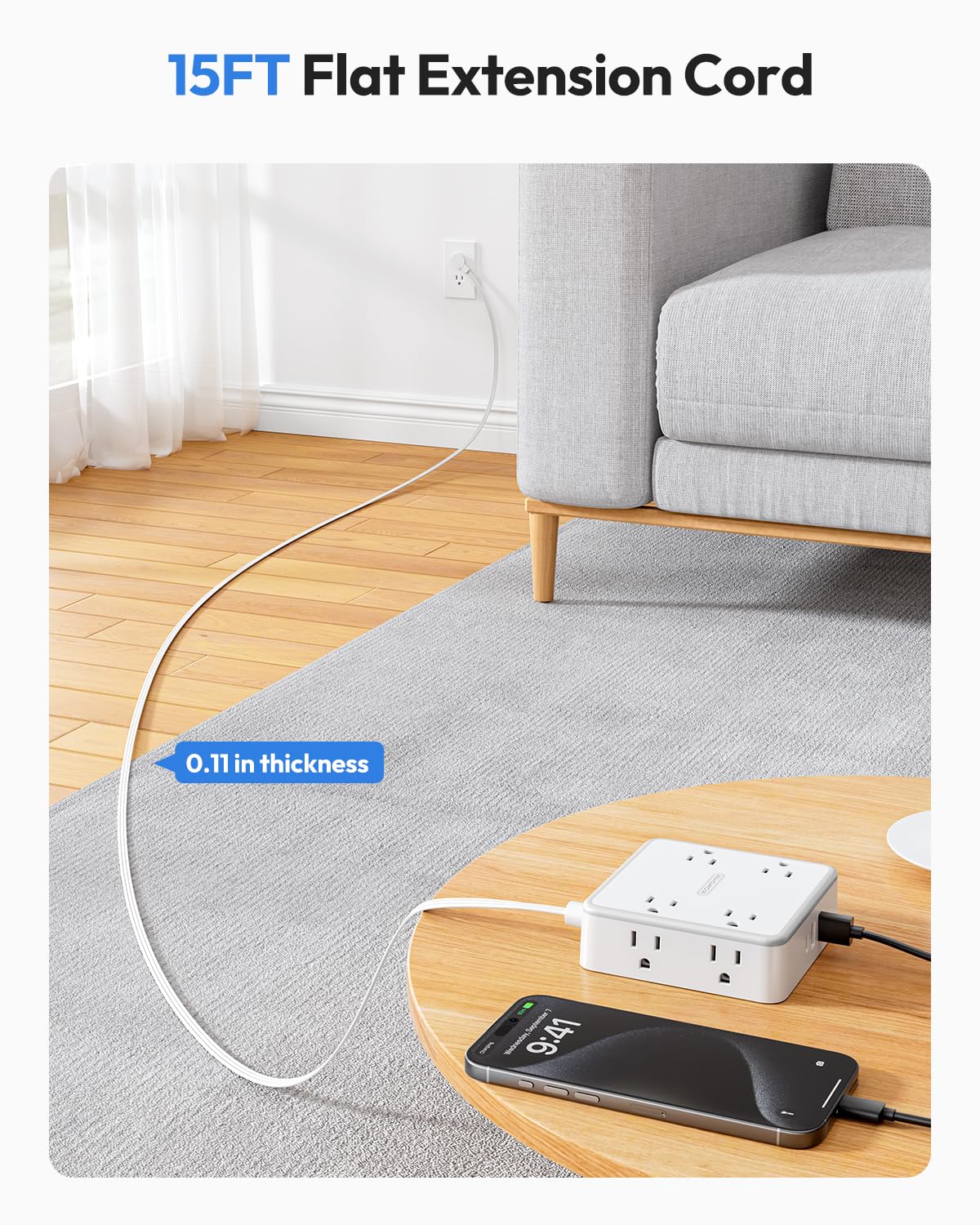 NTONPOWER side view showing widely spaced outlets allowing bulky adapters to fit easily
