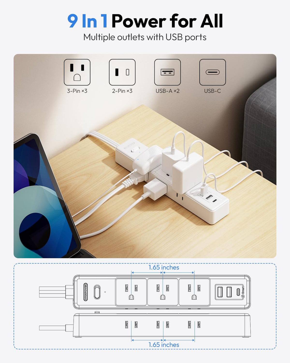 NTONPOWER sleek white extension cord complements dorm and home decor.
