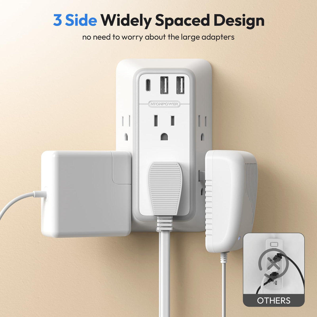 NTONPOWER split arms layout showing two 6ft cords for opposite sides convenience
