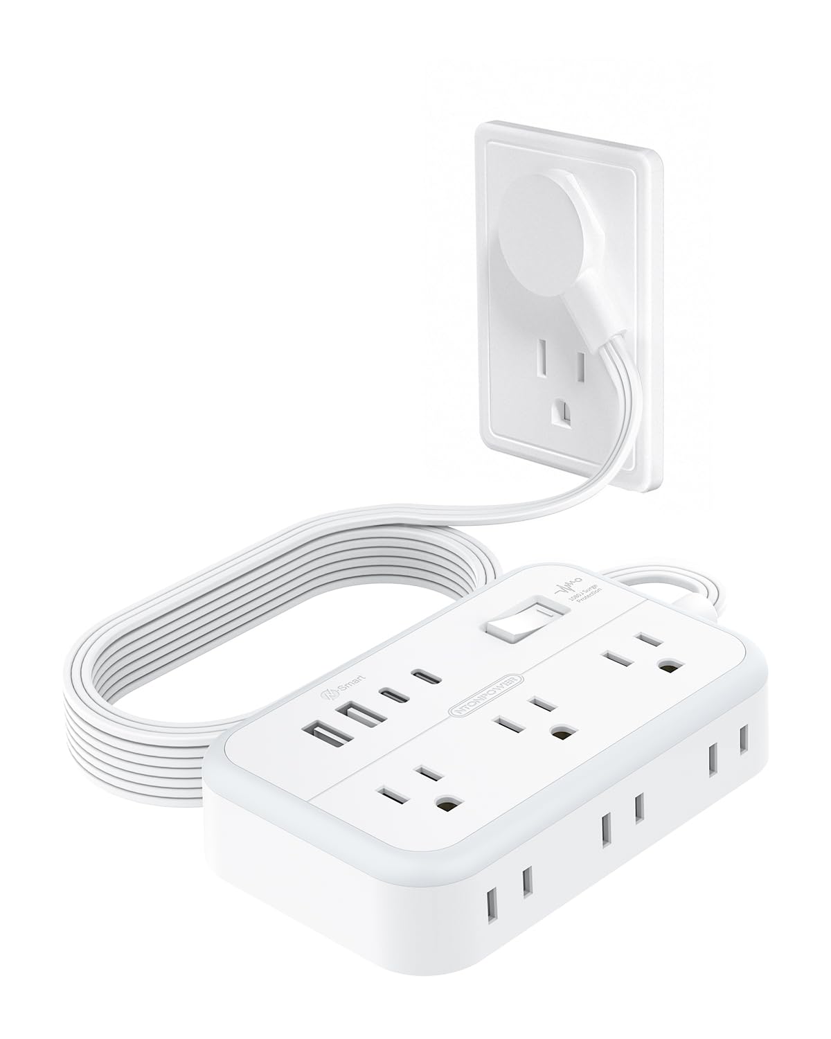 NTONPOWER surge protector with 6 outlets and 4 USB ports for clutter-free charging.